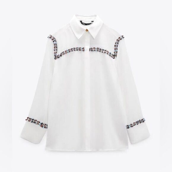 Zara Combination Textured Tweed Trim Chiffon Button Down Shirt in White size S - Picture 6 of 16